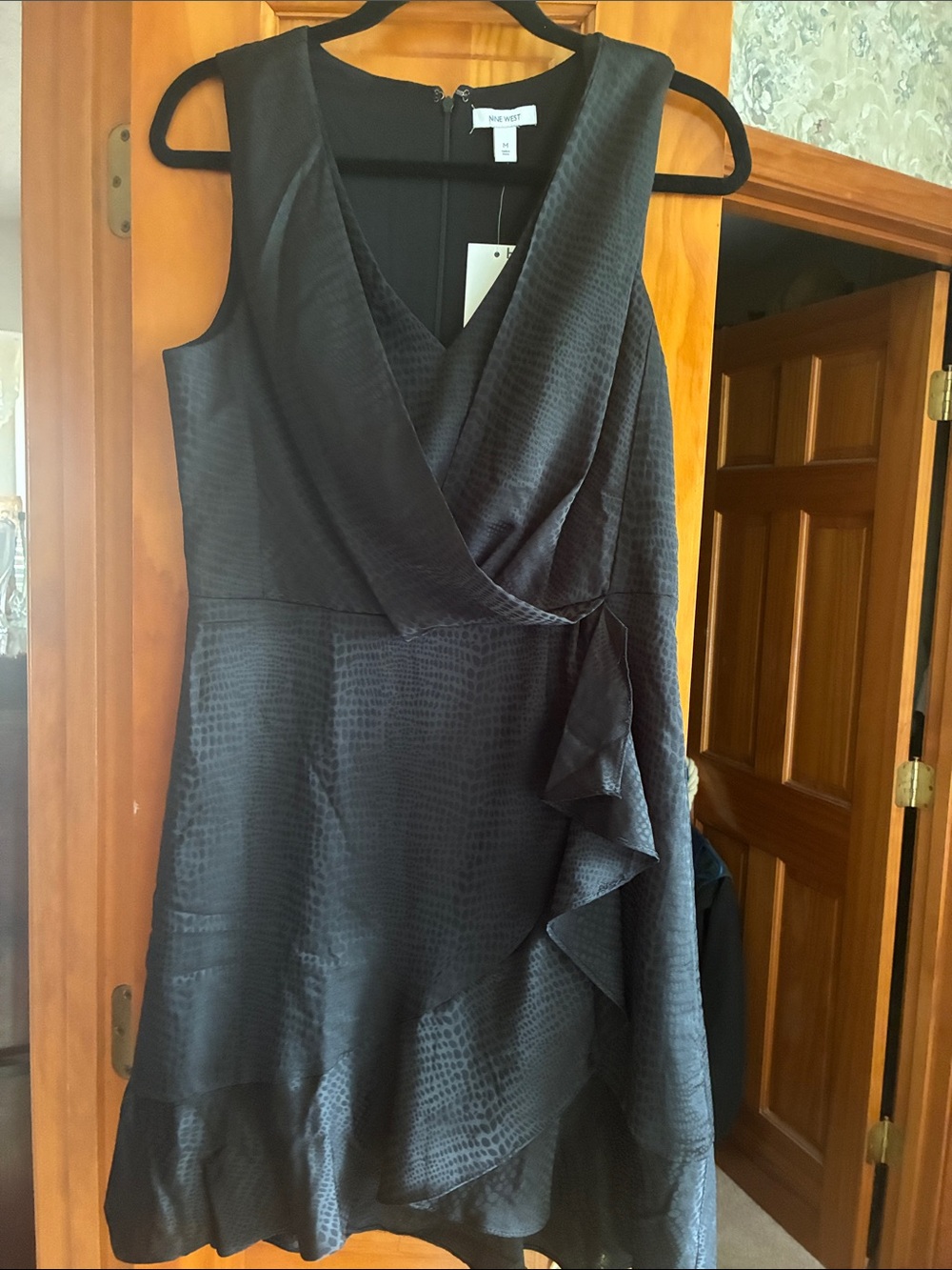 Nine West Black Textured Sleeveless Wrap Midi Dress with Ruffle Accents